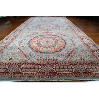 Hand Knotted Mamluk Rug 6x13 Afghan Wool Rug, Large Oriental Area Rug, Traditional Geometric Carpet, Ivory Rust Blue Handmade Rug
