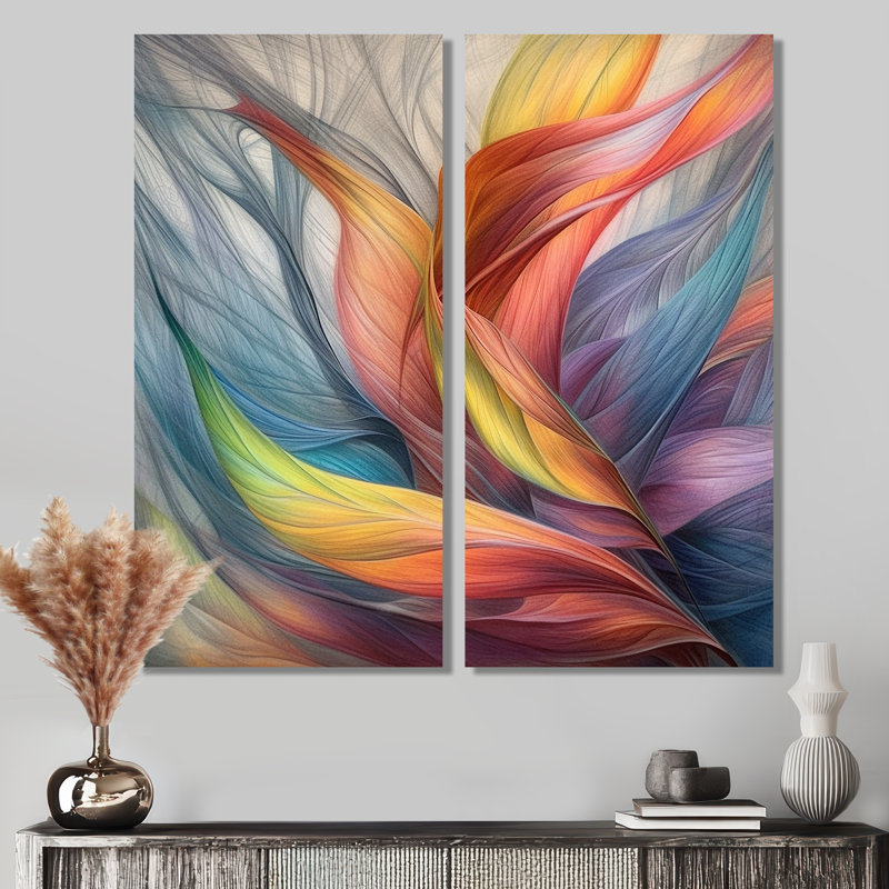 Art mural rétro sur toile, feuilles et pastel rétro arc-en-ciel Boho, 36" H x 48" W, Wrapped Canvas, Does Not Apply