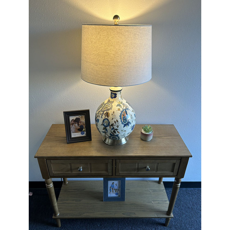 Ceramic Table Lamp Morning Glory For Living Room Dining room Bedroom Bedside 15"W*15"D*28"H, Blue/White