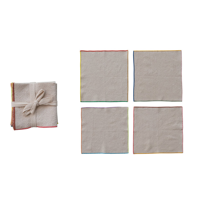 Multicolore 4 serviettes de cocktail en coton tissé avec bordure de couleur