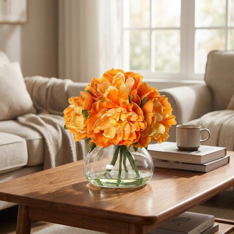 Fleurs artificielles oranges avec vase en verre, fausses fleurs dans un vase pour la décoration intérieure, centres de table, décoration de comptoir de salle de bain