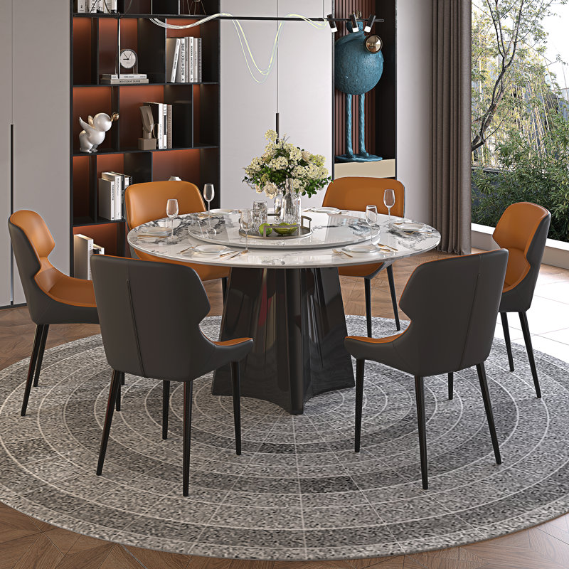 Ensemble de table de salle à manger de 51 po pour 6 personnes, table moderne en pierre frittée avec plateau tournant et chaises de salle à manger