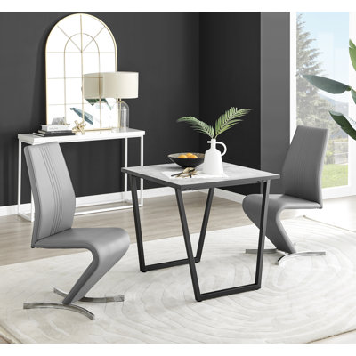 Industrial Design White Marble Effect Melamine Dining Table and Chairs - 2 Velvet Dining Chairs