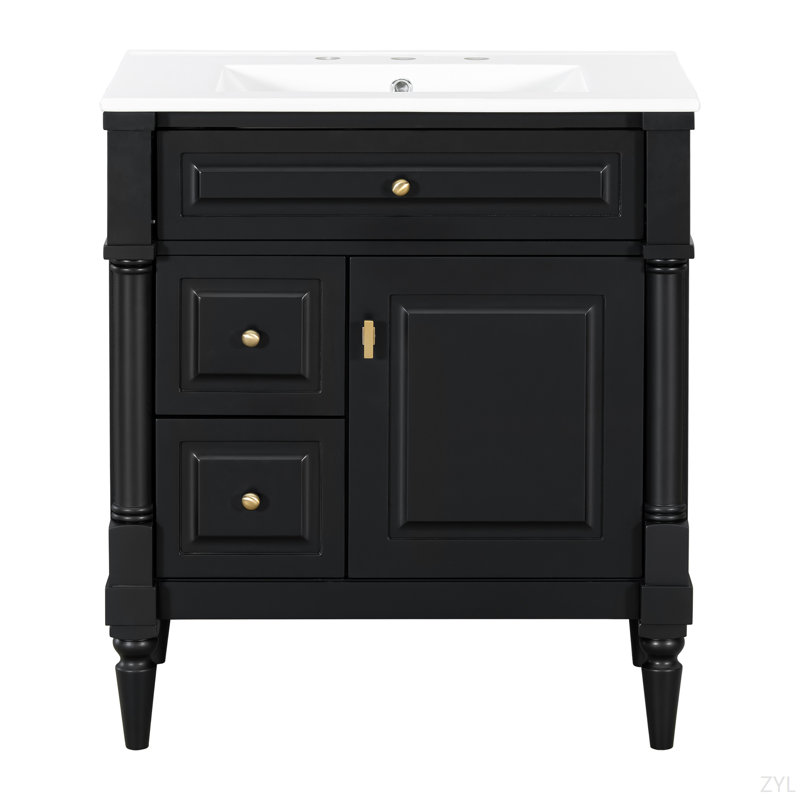 30" Bathroom Vanity With Sink, Black Freestanding Bathroom Cabinet With Flip Drawer & Adjustable Shelf, Solid Rubberwood Frame, MDF Panels & Metal Handles