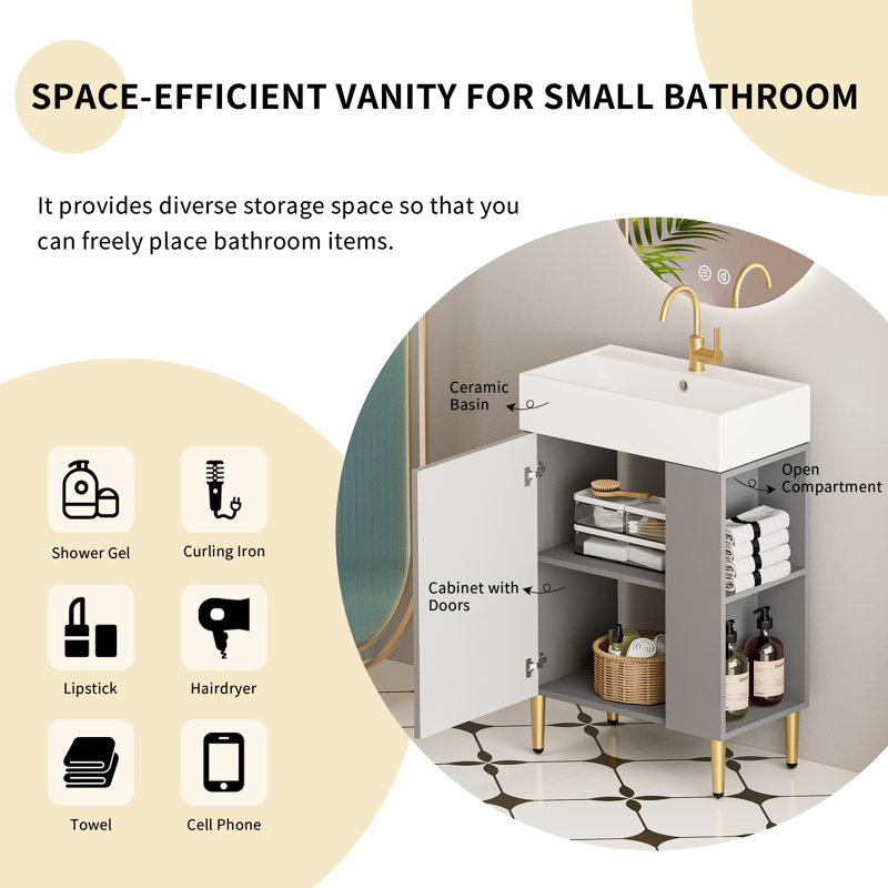 21.6" Freestanding Single Bathroom Vanity Set with Left Side Open Shelf, Ceramic Sink, Soft-Closing Door, Cloakroom Storage Cabinet, 3 Colors Option