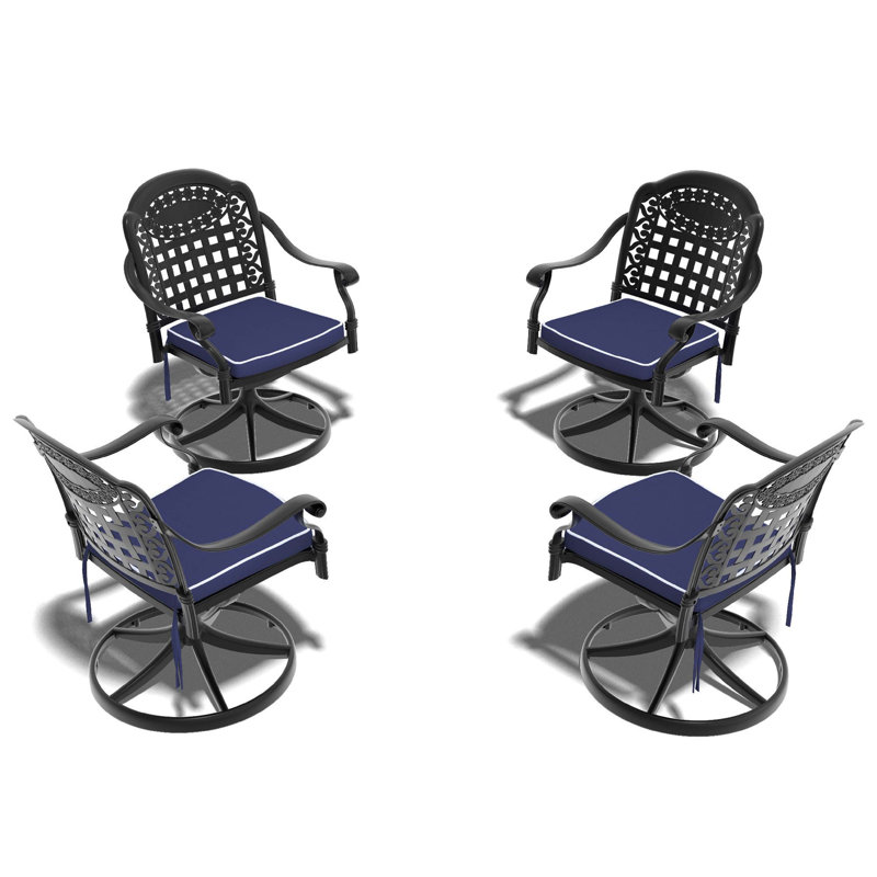 Chaises pivotantes d'extérieur en aluminium coulé 4 pièces, support en métal noir avec coussin bleu, sièges de patio toutes saisons