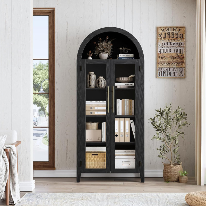 Bibliothèque arquée de 63 po de hauteur avec 2 grandes portes en verre, armoire de rangement à 5 niveaux Farmhouse avec tablette réglable, pour le salon, la salle à manger, la cuisine, noir