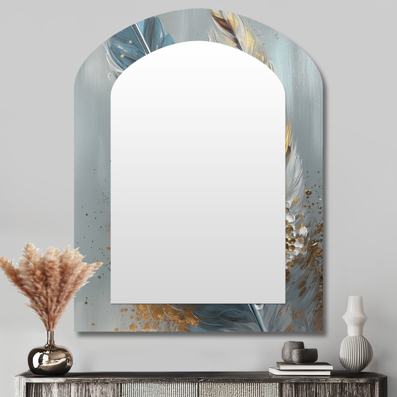 Gold Feather Wanderlust I - Glam Feather Arch Large Wall Mirror, Gold Asymmetrical Decorative Mirror, Printed Metal Art