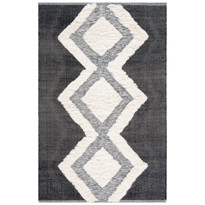 Tapis en laine / coton tissé à la main en ivoire / noir Adamsiii, Rectangle 9 pi x 12 pi