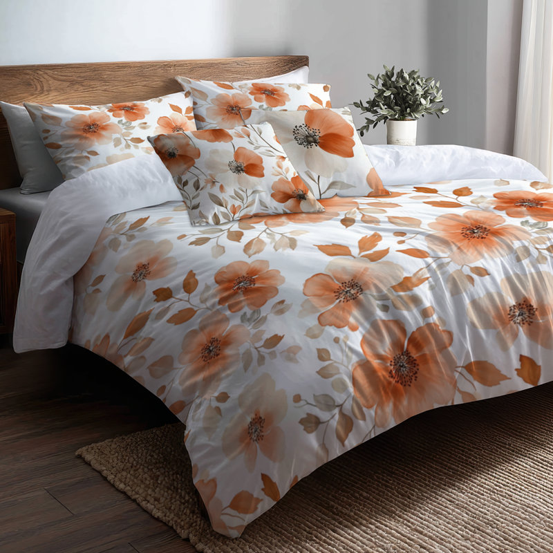 Ensemble de literie à motif floral 5 pièces - Housse de couette et coussin décoratif Red Terra Bloom