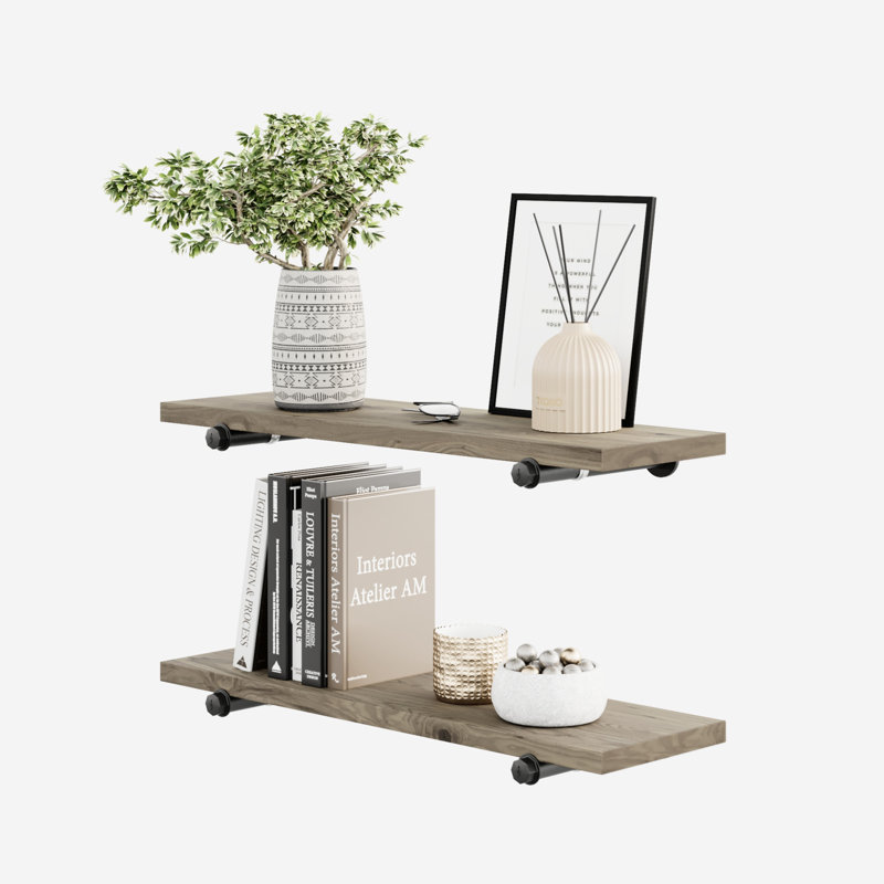 Solid Wood Floating Shelves with Pipe Brackets, Gray, 1" H x 18" W x 8" D