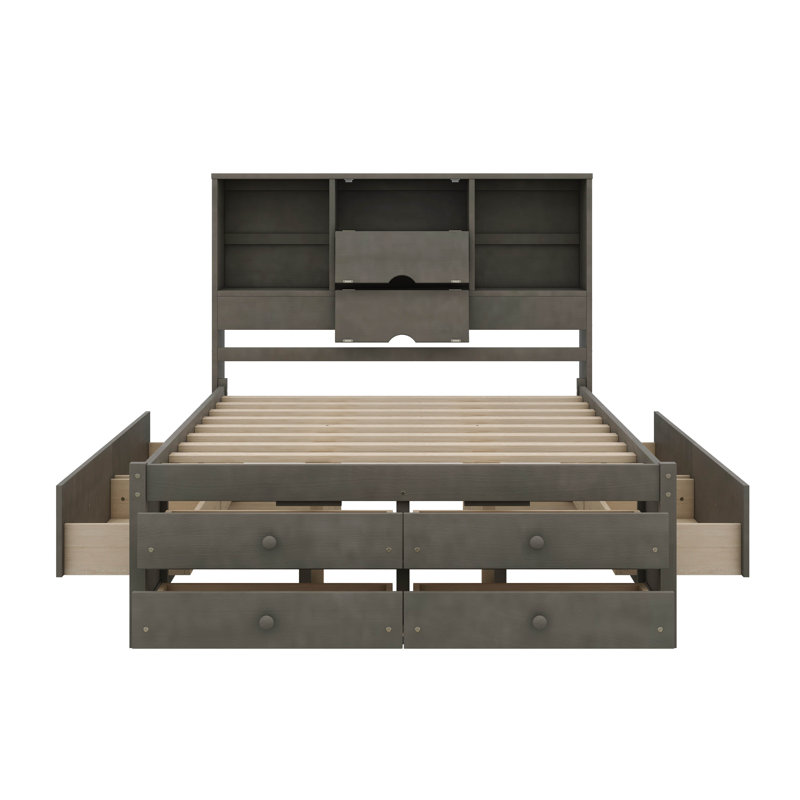 Grand lit plateforme avec tête de lit et rangement à 8 tiroirs, gris, Grand