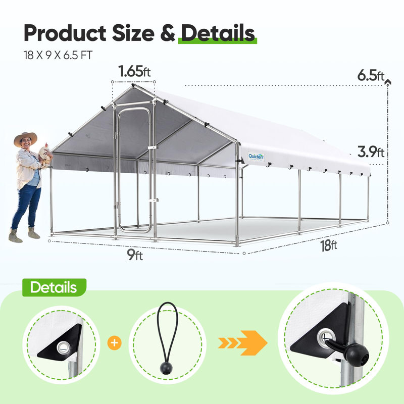  Grand poulailler en métal avec perchoir pour plus de 30 volailles avec grillage robuste et toit imperméable