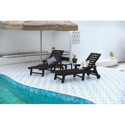 3-Piece Oversized Patio Chaise Lounge Set with Side Table, All-Weather HDPE Lounger with 5-Position Back, Wheels & Cup Holders