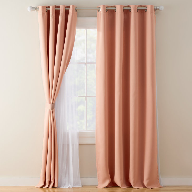  Oslo Double Layer Room Darkening and Sheer Grommet Top Curtains 2-Pack, Peach, 52" W x 108" L