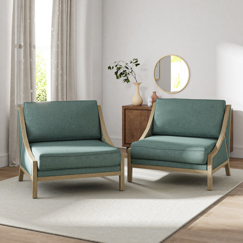 Fauteuil d'appoint surdimensionné Theoren de style ferme, en bois massif, 95 cm de large, Polyester sarcelle