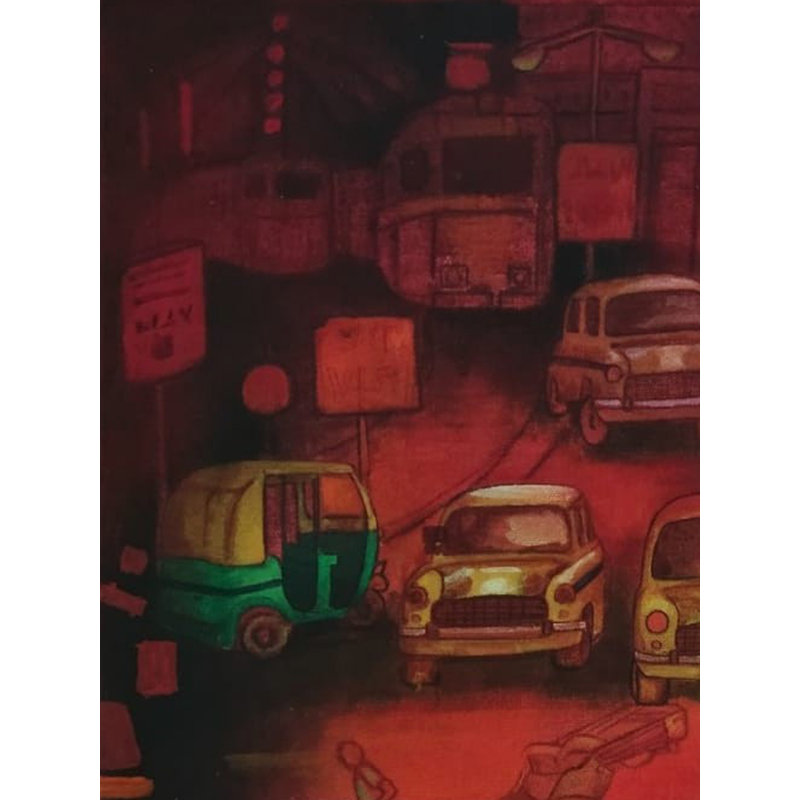 Road Cross by Rickshaw Puller Acrylic Painting on Canvas by Payel Mitra - 18.5x12.5 Inch Indian Street Life Artwork, Ethnographic Urban Scene Gallery Wrapped Wall Decor