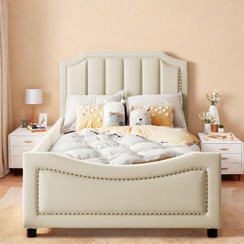 Upholstered Daybed With Classic Stripe Shaped Headboard, Beige