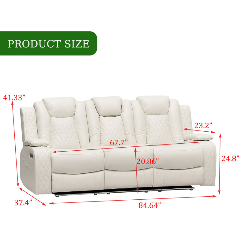 Canapé inclinable manuel en cuir végétalien 84,4 po, White Faux Leather