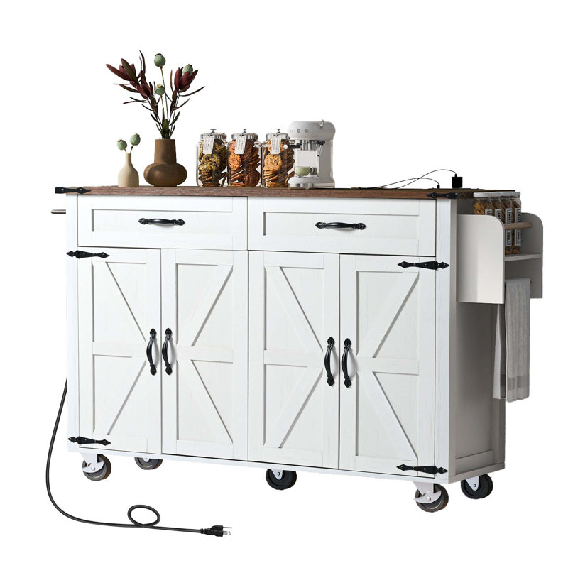 53.5''Farmhouse Kitchen Island With Power Outlet, Kitchen Storage Island With Drop Leaf, Spice Rack And Drawer, Rolling Kitchen Cart On Wheels, For Home, Kitchen And Dining Room