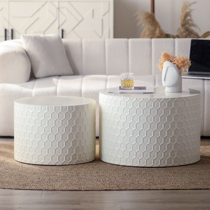 Ensemble de tables basses gigognes élégantes et minimalistes avec motif en nid d'abeille (table seulement), Beige