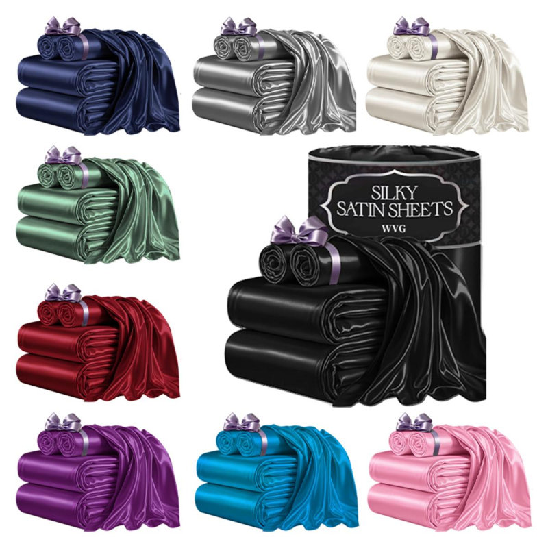 Satin Fitted Sheet Set with Pillowcases – Smooth, Breathable, Wrinkle-Resistant, Machine Washable, Easy Care, Comfortable Bedding for Adults, Hotels, Apartments, and Home Use