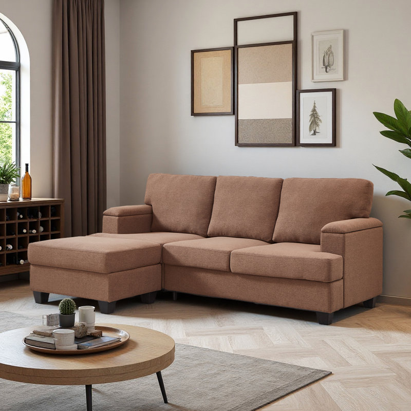 86" Linen Upholstered Sofa with a Movable Storage Ottoman, Underseat Storage and 2 Flip-up Armrests, Brown