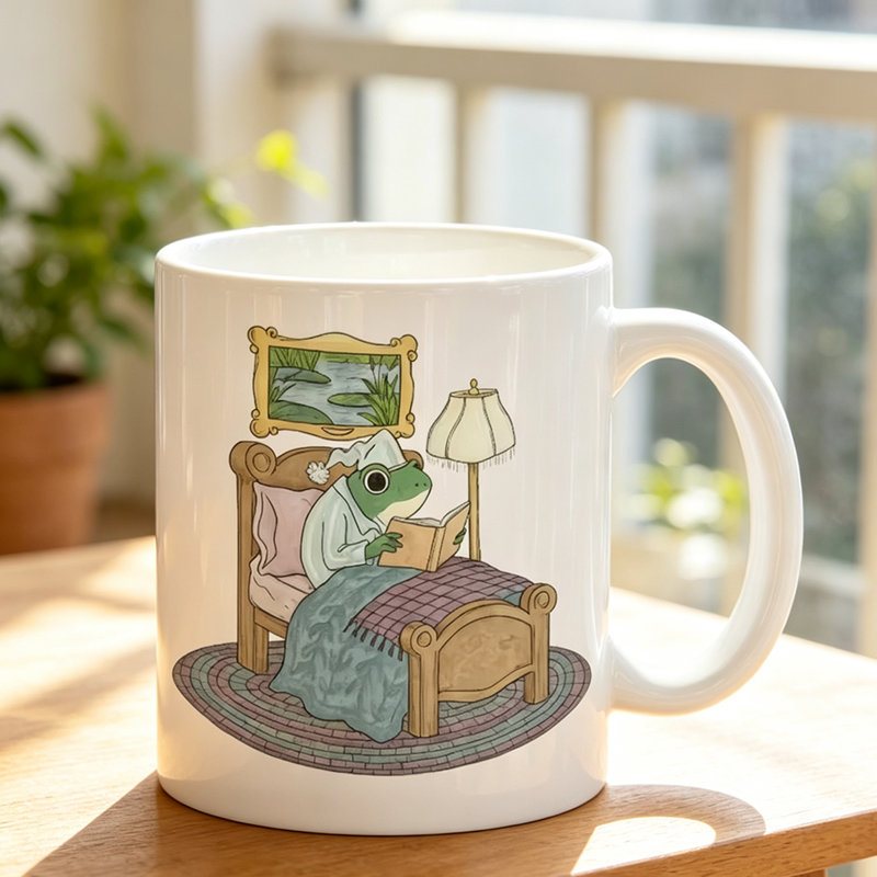 A Comfortable Bedroom Setting Featuring a Frog in Attire on a Ceramic Coffee Mug, Perfect for Tea, Milk.