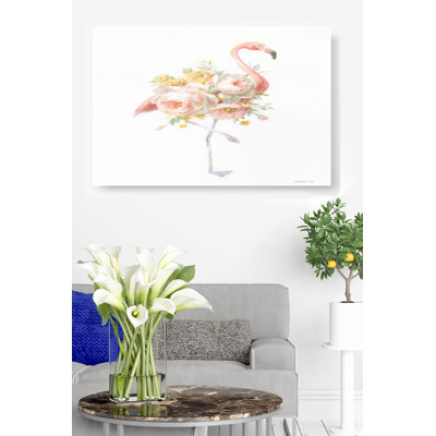Floral Flamingo, On White, Flowers, Tropical, Bird, Yellow, Gold, Green