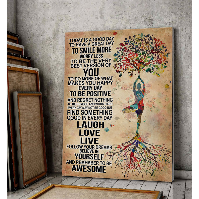 Arbre de yoga - Toile tendue avec châssis «Today to Have a Great Day» - Décoration de sport, beige et rouge