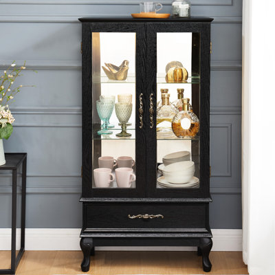 Vitrine lumineuse avec portes vitrées et tablettes réglables Vitrine vitrée 2 portes avec lumières DEL Finition et tiroir noir pour la décoration intérieure et le rangement