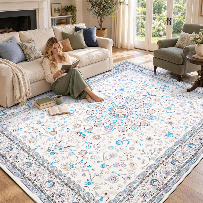 Tapis de sol vintage bleu à motif floral médaillon, lavable à la machine et antidérapant, Rectangulaire 8 pi x 10 pi
