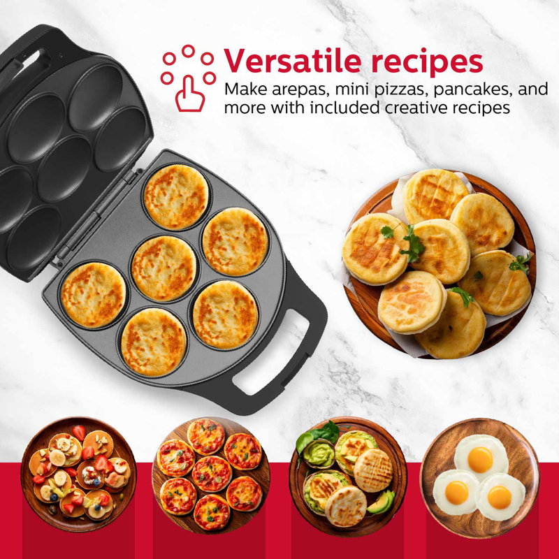 Holstein Housewares 6-Section Arepa Maker,  Non-Stick Multi-Food Maker - Arepas, Mini Pancakes, Corncakes and More, Black