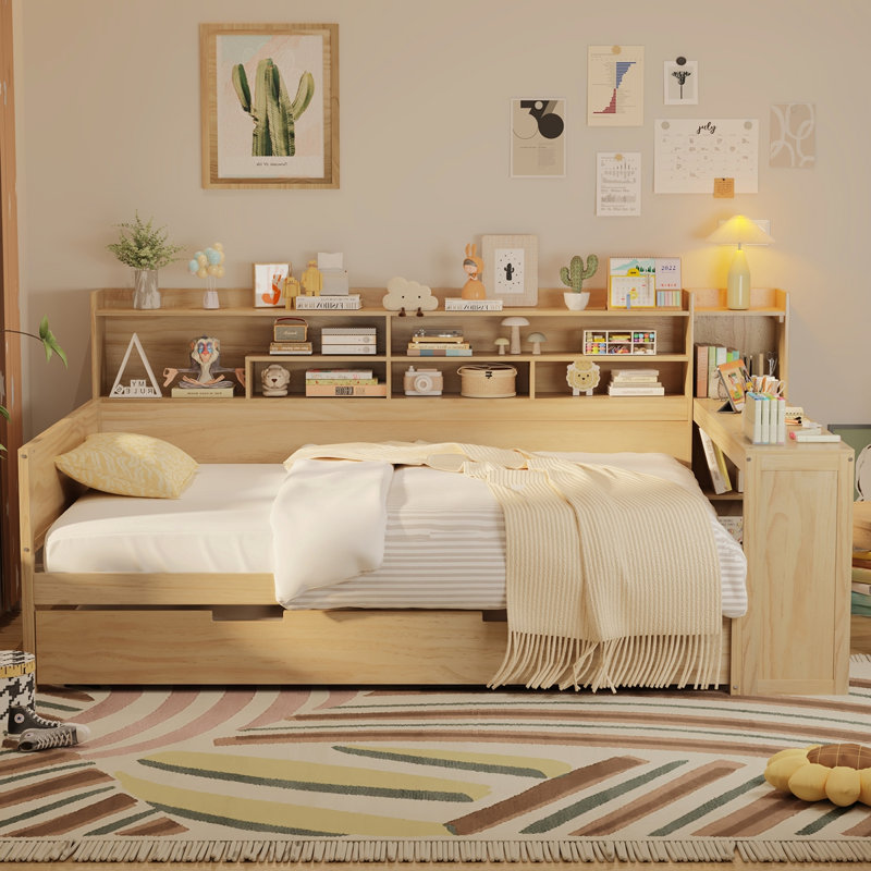 Lit de jour double en bois avec tablettes de rangement, lit multifonctionnel avec lit gigogne simple et bureau d'étude, naturel (ancien SKU: N733S242277M)