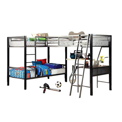 Contemporary Triple Twin L - Shaped Bunk Bed With Full Metal Workspace, Corner Design, Silver Finish And Shelves Appeal, Frame, Workstation 3 Sleeping Spots For Teens