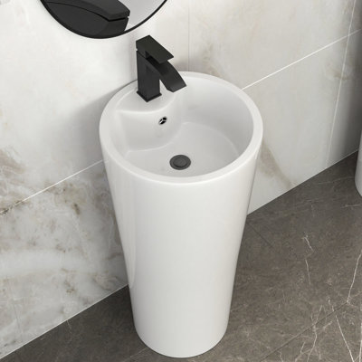 15-Inch White Ceramic Pedestal Sink, Space In Small Baths, High-Temperature Ceramic, Seamless Finish, Standard Drain Hole, Good For Hotels Classic Sink Bathroom With Design, Easy Clean, Ideal Powder