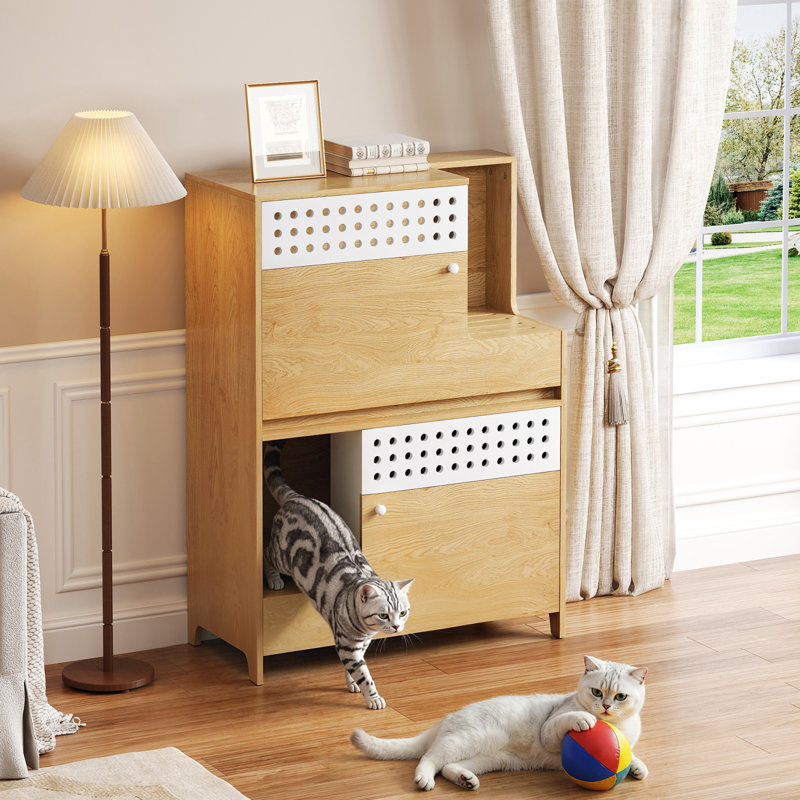 Meuble pour chat 2 en 1 avec rangement et bac à litière caché, Naturel