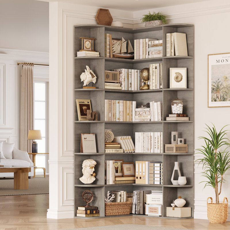 73.9" Hcorner Bookcase 6 Tier L-Shaped Bookshelf, Rustic Gray