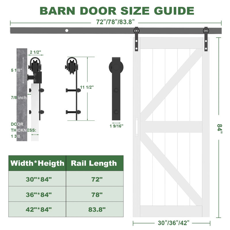 84'' with Installation Hardware Kit Barn Door, 36" W x 84" H, Frosted Glass