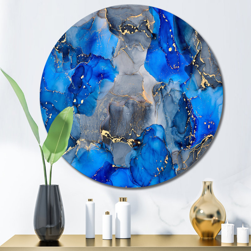 Bleu et gris, art abstrait fluide de luxe V - art mural moderne en métal, H 29 po x l 29 po x P 1 po
