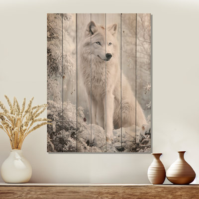 Photographie de loup d'hiver I - Impression sur bois blanc moderne sur bois de pin naturel