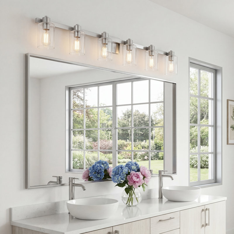 50'' 6-Light Nickel Bathroom Vanity Light with Glass Shade, 6 Lights, Brushed Nickel