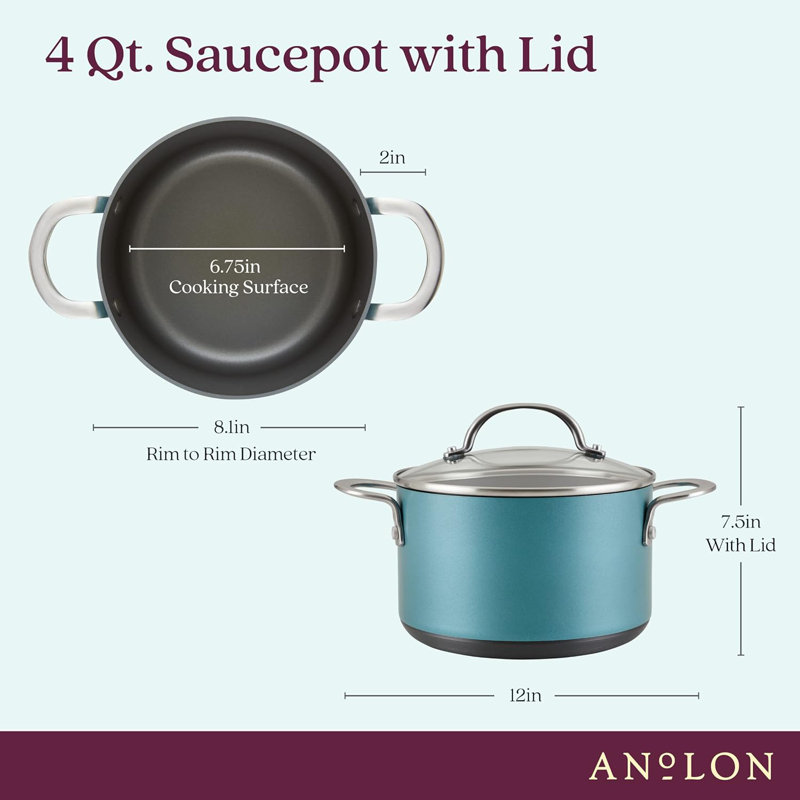 Anolon Achieve Hard Anodized Nonstick Saucepot with Lid, 4 Quarts, Teal