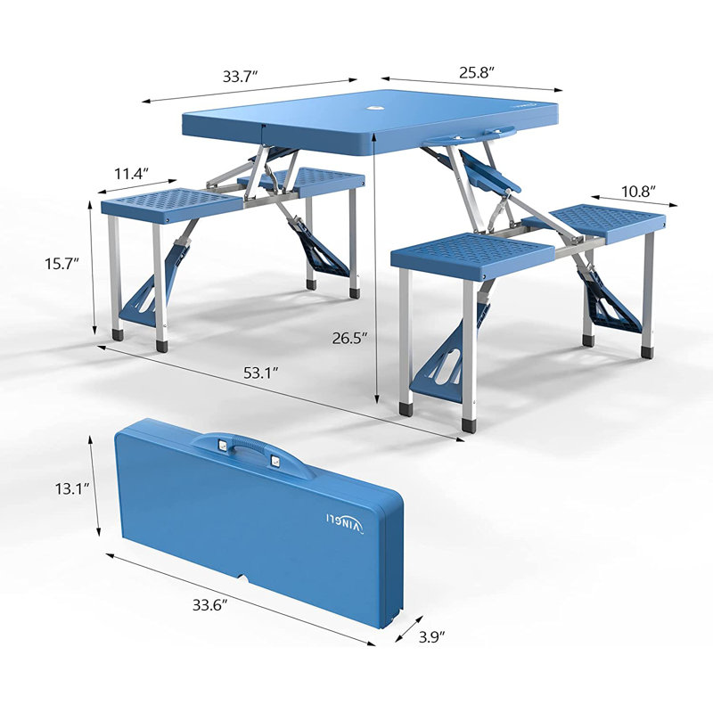 4 Ft Camping Picnic Table Set With 4 Seats With Umbrella Hole Folding Lightweight Suitcase Card Table-220 Lbs Support Aluminum Frame, Plastic RV Tabletop For Barbecue,Travel,Outing,Gathering