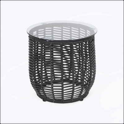 Arias Boho Rattan Side Table with Tempered Glass Top and Durable Metal Frame for Outdoor Use