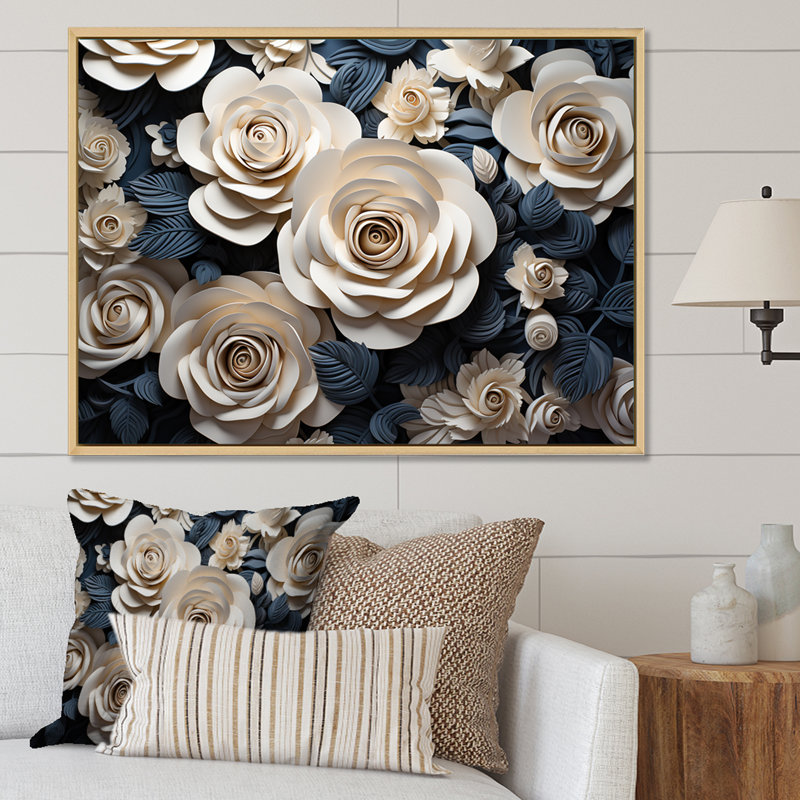 «Blue and White Roses Moonlight Grace», reproduction sur toile, Cadre naturel flottant, H 34 po x l 44 po x P 1,5 po