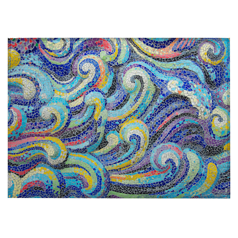Tapis bleu / jaune en polyester tissé à la machine Adelheid, Rectangle 1 pi 8 po x 2 pi 6 po