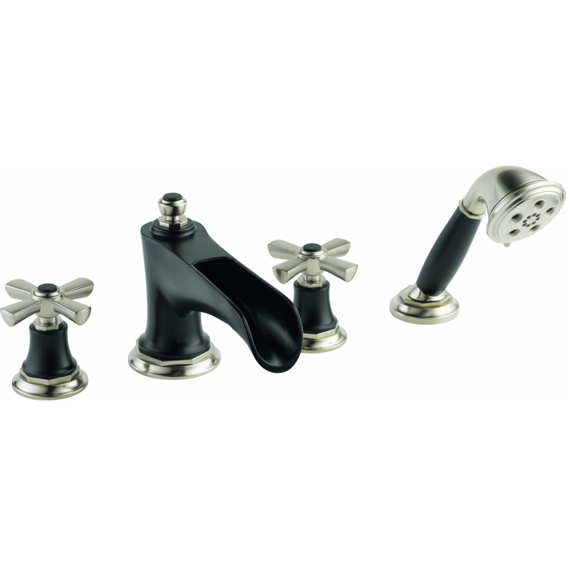 Rook® Double Handle Deck Mounted Roman Tub Faucet, Luxe Nickel/Matte Black, Cross
