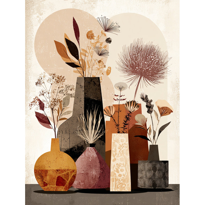Earthen Harmony - Vase géométrique et art mural sur toile botanique, H 24 po x l 16 po