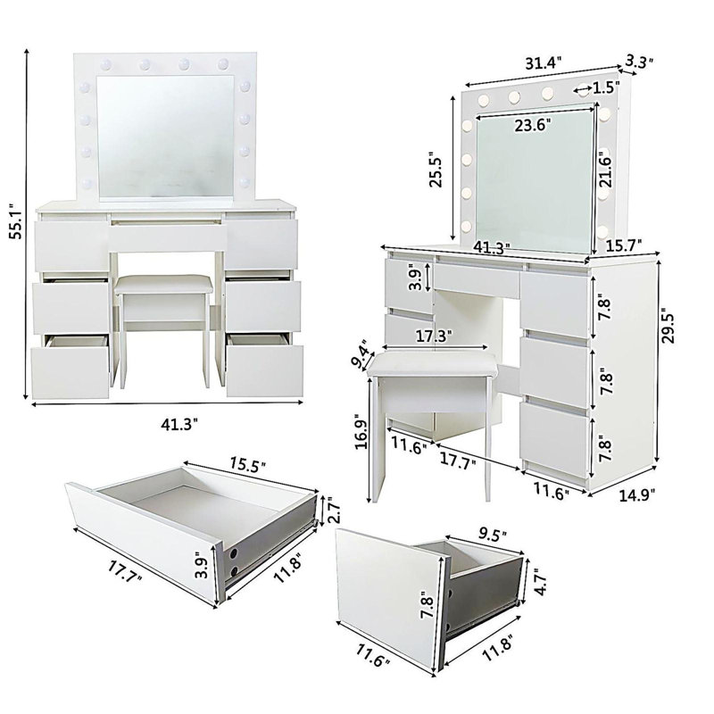 Grandes tables de coiffeuse blanches avec miroir et lumière